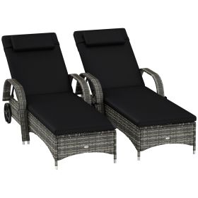 2 Reclining Chaise Lounge Chairs, Rolling Outdoor Chairs With Cushion, Pillow, Headrest, Armrests, And Wheels, Black