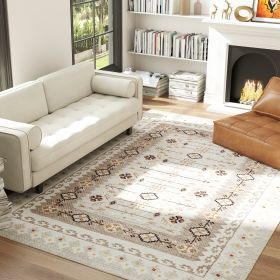 Machine Washable Area Rug 8x10, Non-Slip Boho Flannel Print Floor Carpet For Living Room, Bedroom, Dining Room, Brown