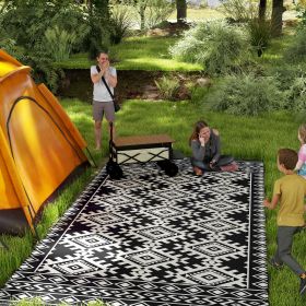 Reversible Outdoor Rug, Waterproof Plastic Straw With Carry Bag, 9 X 18, Black & White Rhombus Border