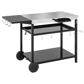 Outdoor Bar Cart Grill Table With Stainless Steel Tabletop, Wheeled Outdoor Serving Cart Prep Table With Storage, Hooks