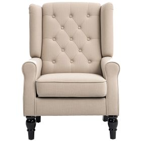 Wingback Accent Chair For Living Room, Button-Tufted Lounge Chair With Round Armrests And Wood Legs, Beige