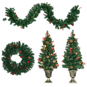 HOMCOM Prelit Holiday Christmas 4-Piece Set, Garland Wreath And Set Of 2 Entrance Trees With Warm White LED Lights, Red Berries, Pine Cones, Gree
