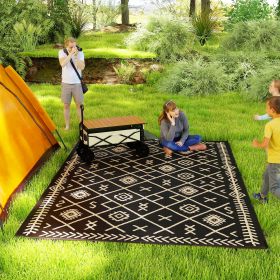 Reversible Outdoor Rug, Waterproof Plastic Straw With Carry Bag, 9 X 12, Black & Beige Rhombus