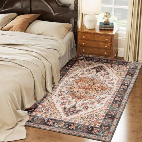 Area Rug 4x6, Machine Washable Rug, Non-Slip Boho Print Pattern Medallion Carpet For Living Room, Bedroom, Tawny Brown