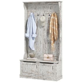 HOMCOM 3-In-1 Entryway Bench with Coat Rack, Hall Tree with Bench and Shoe Storage, 5 Hooks for Hallway Distressed White | Aosom