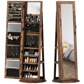 HOMCOM 360�� Swivel Jewelry Armoire, Lockable Jewelry Cabinet with Full-Length Mirror, Storage Shelves, Rustic Brown