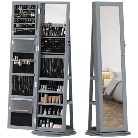 HOMCOM 360�� Swivel Jewelry Armoire, Lockable Jewelry Cabinet with Full-Length Mirror, Storage Shelves, Gray