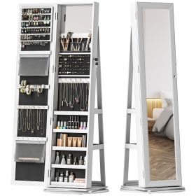 HOMCOM 360�� Swivel Jewelry Armoire, Lockable Jewelry Cabinet with Full-Length Mirror, Storage Shelves, White