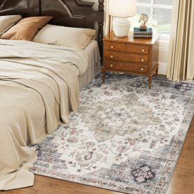 5x7 Area Rug, Vintage Machine Washable Rug, Non-Slip Carpet For Living Room, Bedroom, Dining Room, Brown And Green