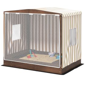 Kids Wooden Sandbox With Canopy Fully Covered, 2 Bench Seats, Bottom Liner, 56 X 40 X 52, Brown