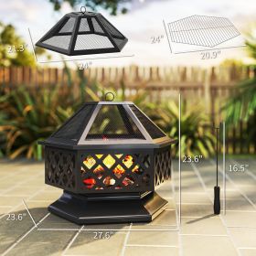 28 Outdoor Fire Pit With Grill Hexagon Fireplace Wood Burning Firepit With Cooking Grate, Fire Poker,  Screen Lid