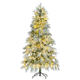 6FT Pre-Lit Spruce Snow Flocked Christmas Tree, Artificial Hinged Xmas Tree With 300 Multi-Color LED Lights, 8 Flashing Modes &790 Snow Branch Ti (Option: WhiteGreen)