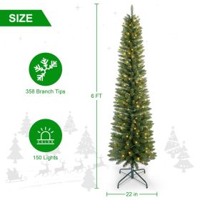 Prelit Pencil Christmas Tree, 5ft 6ft 7ft Premium Artificial Slim Christmas Tree, Realistic Lighted Spruce Holiday Decor With Warm White Lights,B (Option: 6Ft)