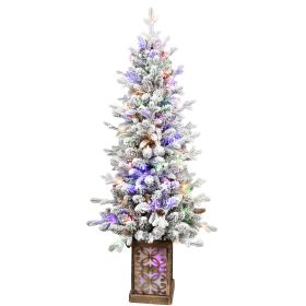 4ft Pre-lit Potted Porch Christmas Tree Small Slim Christmas Tree With Multicolor Lights Twinkle Potted Xmas Tree With Mixed PE, Metal Glint Basi (Option: 4FT)