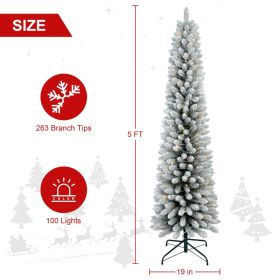 5FT 6FT 7FT Pre-Lit Flocked Pencil Christmas Tree, Artificial Fir Snow Slim Skinny Christmas Tree For Home, Office, Party Decoration WITH Branch (Option: 5FT)