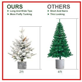 2FT 3FT 4.5FT 6.5FT Pre-lit Potted Flocked Christmas Tree, Snow Frosted Mini Tabletop Artificial Christmas Tree With LED Lights And PE & PVC Bran (Option: 2FT)