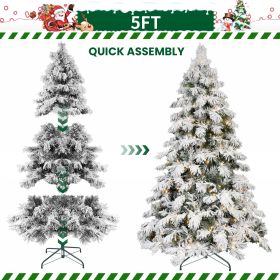 5FT 6FT 7FT 8FT Prelit Flocked Christmas Tree With Light, Snowy Pine Design, Warm White LED Lights, Hinged Branches, Metal Stand, Realistic Artif (Option: 5FT)