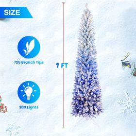 Pencil Christmas Tree Snow Flocked Hinged Artificial Xmas Tree With Gradient Blue Leaves Branch Tips With LED Warm White Lights (Option: 7ft)
