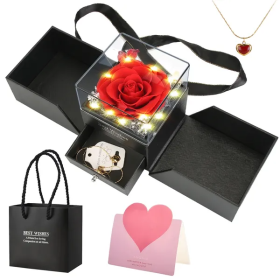 Preserved Red Real Rose With Heart Necklace Eternal Flowers Rose With Golden Necklace Gifts For Women Mom Wife Girlfriend Grandma On Valentine Mo (Color: Black)