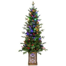 4ft Pre-lit Potted Porch Christmas Tree, Small Slim Christmas Tree With Multicolor Lights, Twinkle Potted Xmas Tree With Mixed PE, Metal Glint Ba (Option: 4FT)